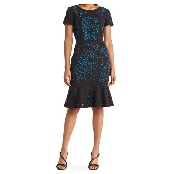 Focus by Shani dress laser cutting with flounce black blue size 6 - Picture 1 of 5